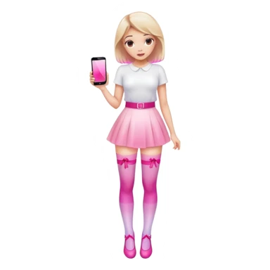 Cute girl character in stockings adjusting fashion accessory, pink gradient, glass effect, minimalist design sticker