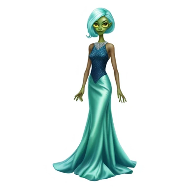 reptilian green alien woman, in long slim pastel blue formal party satin dress with gradient shiny sparkling navy blue diamonds embroidered, full body full figure sticker