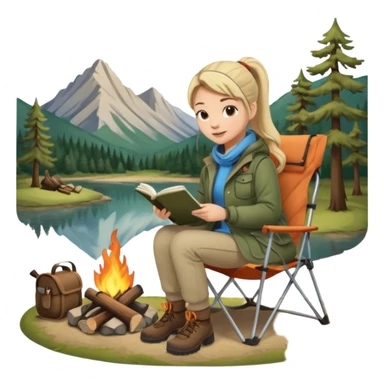 A pony tail hair woman journaling on a camping chair, enjoying the quiet nature scene beside a campfire sticker