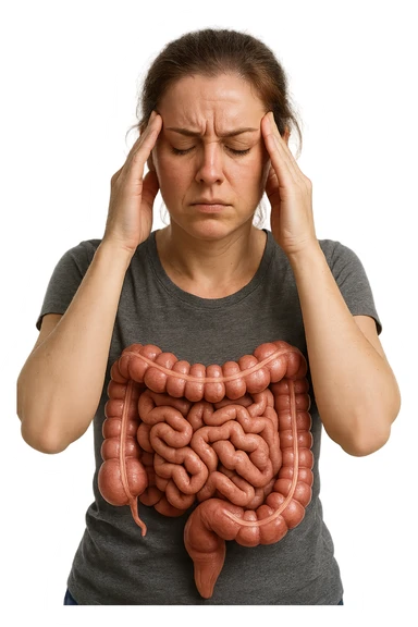 donna molto stanca e stressata che si massaggia le tempie con intestino umano anatomico realistico in evidenza, sfondo bianco, iperrealistico 4k sticker