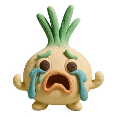 claymation green onion character, round white body, big expressive eyes, green leafy hair, dramatic crying face with streams of onion juice tears, playful and humorous pose, pastel kawaii style, visible fingerprints and soft clay textures, excellent lighting, transparent background sticker