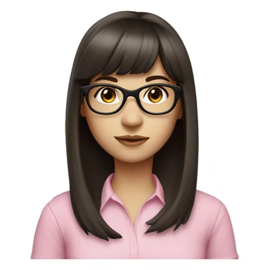 Girl with long dark brown hair and bangs and black glasses pale skin pink shirt sticker