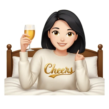 A woman with shoulder-length black hair, light to medium skin tone, full cheeks, and almond-shaped eyes, wearing a white sweater with the word 'cheers' in gold script, lying comfortably on a bed with soft lighting, joyful and radiant expression, no drinks. sticker