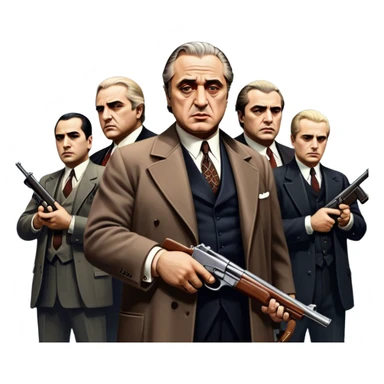 A vintage movie poster-style design featuring Don Vito Corleone surrounded by gangsters with Tommy guns. Include a dark, moody noir atmosphere with skyscrapers of New York in the background. The scene should be tense and mysterious, with a retro cinematic feel. Transparent background. sticker