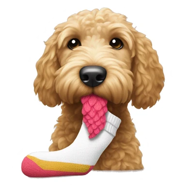 Create a goldendoodle eating a sock sticker