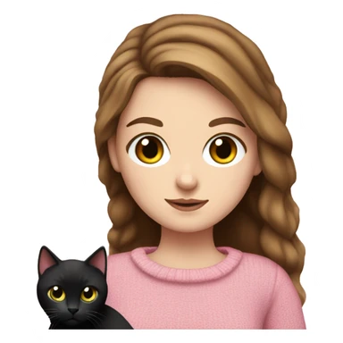 Pretty green eyed white girl with brown hair in a pink sweater holding a black cat sticker