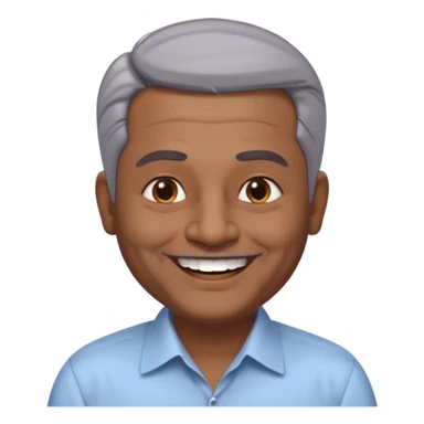 50 yr old indian man, dark skin, grey hair, big smile, white teeth, chubby, no moustache, clean shaven, young style hair, hair brushed back, 5 oclock shadow, bindy on forehead, dress shirt, bindy sticker