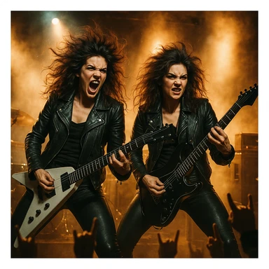 Gemini twins in leather jackets, electric guitars, heavy metal concert vibe, energetic and fierce sticker