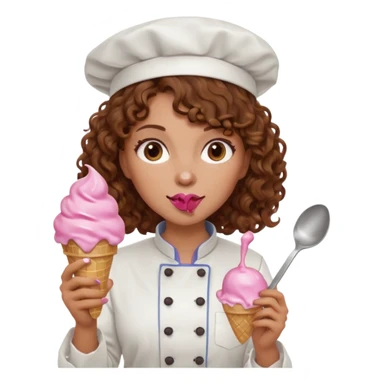 woman brown curly hair, chef, eating pink ice cream sticker