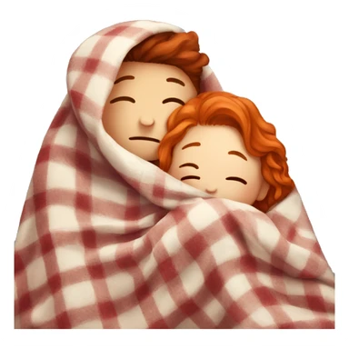 Boy with a moustache hugs a girl with red hair , under a blanket sticker