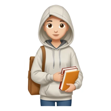 A flat-style illustration of a college student with a tote bag over the shoulder and a book in one hand. The student wears a hoodie. Clean cartoon style, white background, iOS emoji aesthetic. sticker