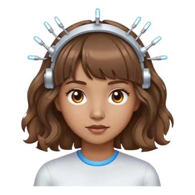 girl with wavy brown hair and bangs wearing electrodes on her head sticker