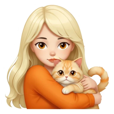 Beautiful girl with long wave black hair and blonde platinum bangs hugging orange Persian cat sticker