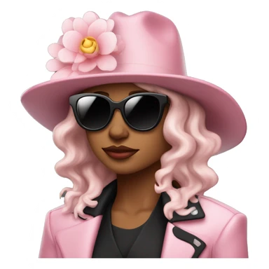  woman wearing a black hat adorned with a white flower and smaller decorative flowers. She is also wearing black sunglasses and a shiny pink jacket over a black top. She appears in a side profile pose , her head slightly tilted back. White skin sticker