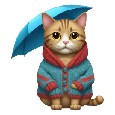cat in a sweater with an umbrella sticker