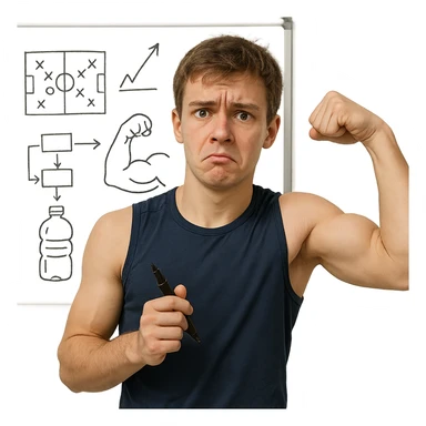 realistic young inexperienced athlete in front of a whiteboard with training schemes and drawn bottles, holding a pen, growing muscles, puzzled expression, realistic details, isolated on white background sticker