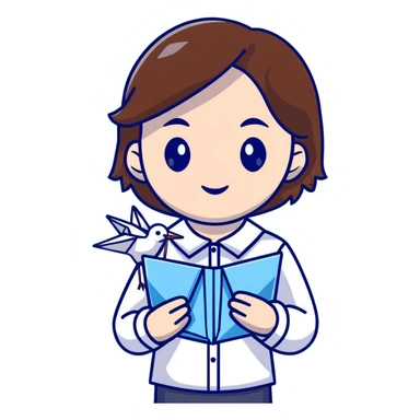 A happy Ukrainian young girl with brown hair in a white embroidered shirt holds an origami blue crane sticker