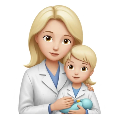 Mostre uma mulher vestida de jaleco branco, atendendo uma criança, expressão leve e detalhamento suave típico de emojis modernos. A cena deve ter um visual limpo, com sombras sutis e contornos suaves, mantendo o estilo cartoon 3D usado em emojis do iOS. Mantendo coerência com o estilo emoji.” sticker