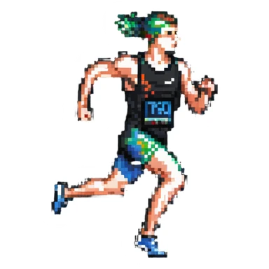 Pixelated athlete running with oxygen level indicator above head, fitness measurement sticker