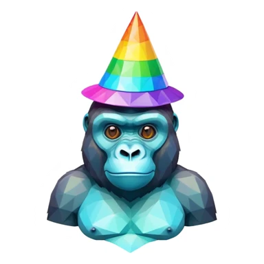Low poly cyan gorilla with a party hat rainbow colored sticker