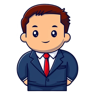 man wearing a dark blue-gray business suit with a white shirt and a red tie sticker