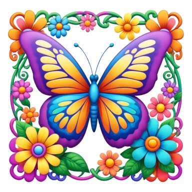 3D, psychedelic colored hippie style border with a butterfly and flower sticker