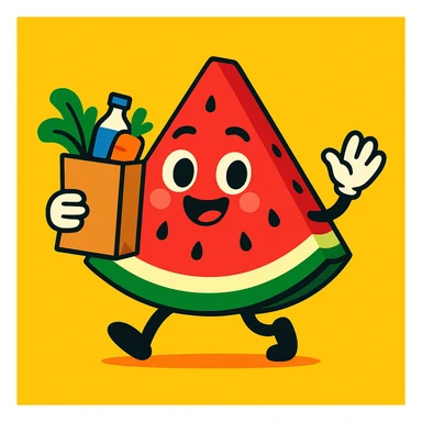 cute watermelon slice mascot with expressive face, holding a grocery bag, for an egrocery brand, vibrant and appealing sticker
