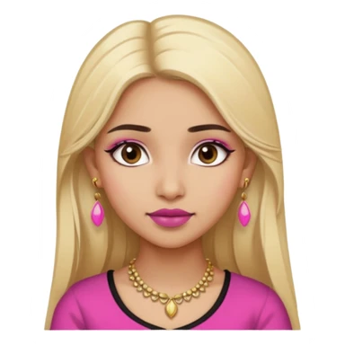 Sweet Indian girl blond long hair darkbrowm eyes brown/pink lipstick pink blush black top gold earrings brown eyebrows  sticker