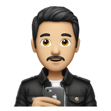 east asian man with mustatche wearing black leather jacket is holding phone sticker