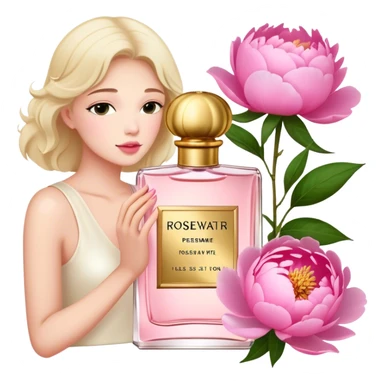A delicate glass bottle of rosewater perfume with gold details beside lush pink peonies. Soft light enhances the romance, while a dark red velvet backdrop adds vintage glamour."
 sticker