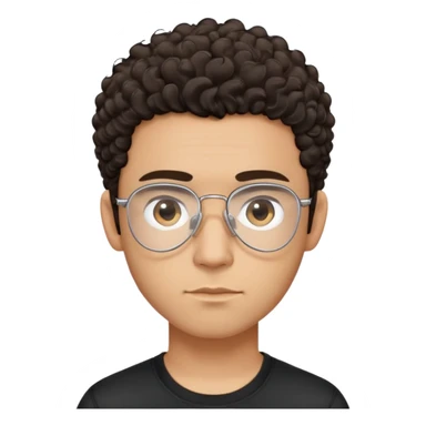 Latino man with light brown complexion, small face and prominent forehead, clear lens teardrop-shaped aviator eyeglasses with metal frame, totally shaved sides with very minimal dark curly hair only on top, gentle expression, simple black t-shirt sticker