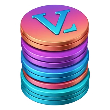 Stack of coins in gradient of turquoise, blue, pink, purple, and coral color with V letter sticker
