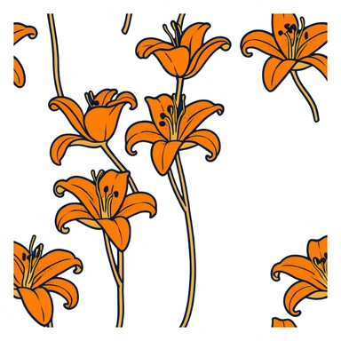 Artistic Japanese tiger lily (oniyuri) flower with stylized composition reminiscent of kimono patterns, orange recurved petals with black spots, gold accents, on indigo background sticker