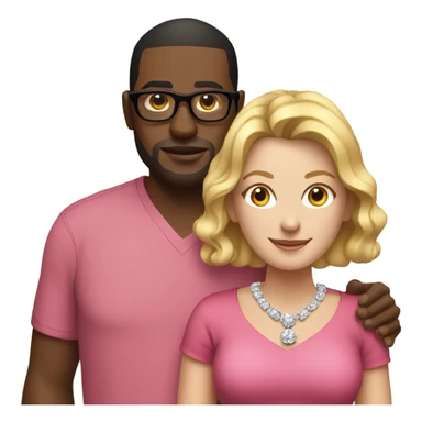 white woman wearing a pink dress and diamond necklace standing with a black guy with glasses wearing a red shirt sticker