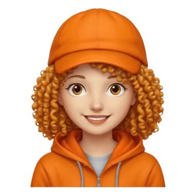 curly haired woman with orange cap and hoodie sticker