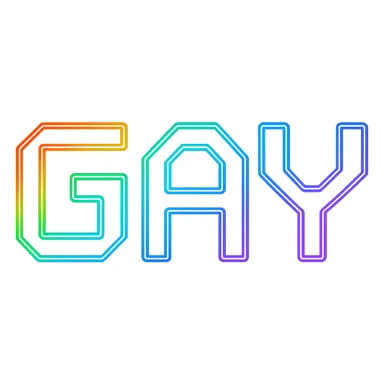 the word GAY in a futuristic digital font with rainbow neon sticker
