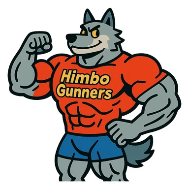 extremely buff wolf furry with oversized muscles, wearing a t-shirt with 'Himbo gunners', standing confidently sticker