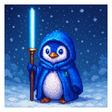Add a snowy background behind the pixel art penguin wizard, keeping the retro video game pixel art style with blocky, pixelated details and limited color palette. sticker
