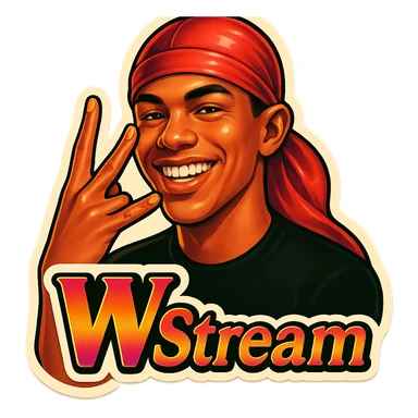 Make him Smiling 
Twist middle finger and ring finger crossed over to form a W
Change His durag To Red
Add the words W Stream sticker