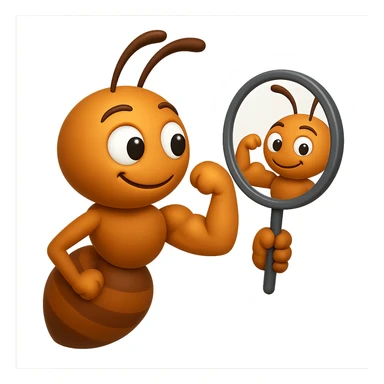 EMOJI STILE IPHONE 3D DI una formica che si guarda allo specchio felice e sicura di sè mentre contrae il suo bicipite muscoloso, fagli anche la parte bianca degli OCCHI, non solo la pupilla sticker