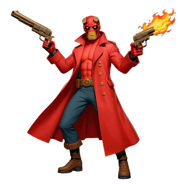 cinematic realistic superhero Hellboy by Mike Mignola jumps and shoots with a bronze pistol sticker