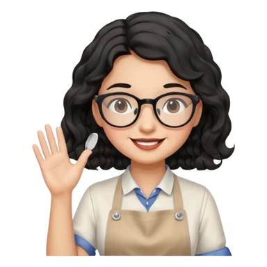 girl with apron, black wavy hair, wearing glasses, a little blush on her cheek sticker