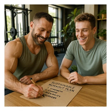 Hyperrealistic 4K image of a bodybuilding coach writing a sustainable workout plan on recycled paper with client next to him in a modern gym with eco-friendly details. Positive and motivational atmosphere with natural light and plants. sticker
