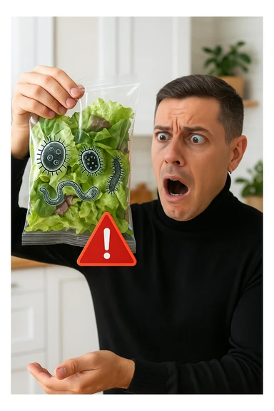 a man with a shocked expression holds a bag of salad greens up to the light. Through the clear plastic, enlarged and detailed images of various parasites and bacteria are visible among the leaves. A red warning triangle with an exclamation mark floats near the bag, emphasizing the health risk. The setting is a bright, everyday kitchen. sticker