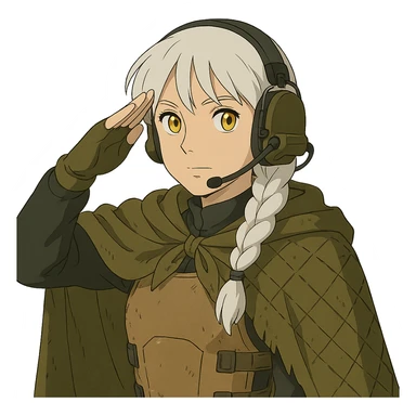 1 female, mid 20's, white hair in a long braid, gold yellow eyes, adorned in a black long sleeve shirt, tan body armor and a worn olive-green cloak with netting holding it together. She wears a COMTAC headset. is giving a stealthy salute sticker