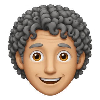 man curly black gray hair. crazy smile and tired eyes. sticker