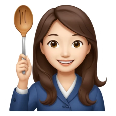An Asian woman with long brown hair waving and greeting with a spoon in her hand sticker