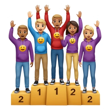 multi-racial men and women standing on a brown winners’ podium with the middle podium position elevated, each person casually dressed in fun, colorful jeans, t-shirts, and hoodies, excited, fun, expressive emoji style, no numbers on the podium sticker
