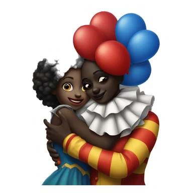 Dark skin girl hugging a clown, clown has on clown makeup, red nose,  sticker