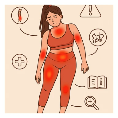 Medical infographic style illustration of a woman with asymmetric posture and tilted pelvis, visible inflammation with red and swollen areas, icons and symbols highlighting critical zones, educational atmosphere. sticker
